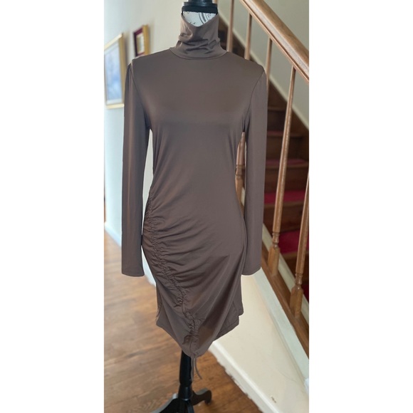 Elegant Brown Turtleneck Ruched Dress Soft Spandex Fabric - Picture 3 of 6